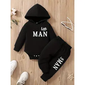 Baby's Letter Print Hooded Bodysuit & Pants Set without Shoes, Casual Long Sleeve Bodysuit & Pants, Infant Toddler Kids All Seasons Clothes, Baby Boy Clothes