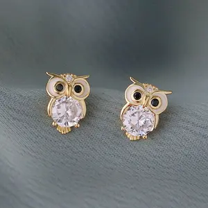 Gold Tone Cute Owl Stud Earrings 5A Grade Cubic Zirconia CZ Belly with Enamel Accents Dainty Delicate Animal Jewelry Everyday Wear Gift for Her