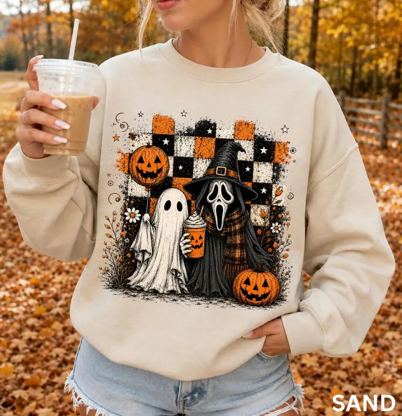 Ghostface Halloween Sweatshirt, Spooky Season Women's Crewneck, Cute Ghost Pumpkin Fall Sweatshirt, Cozy Autumn Graphic Sweatshirt Gift