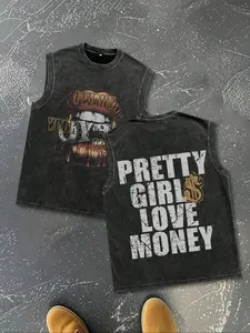 🔥American Vintage Distressed Sleeveless Fitted Tee! "PRETTY GIRLS LOVE MONEY" Text + Creative Geometric Money Lips Print, Eye - Catching Design with Attitude, A Must - Have for Vintage Trendsetters～Aesthetics #AmericanVintage #SleevelessTee
