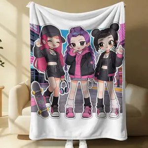 K-Pop Cartoon Girl Group Print Flannel Blanket, Street Sweet-Cool Style Bestie Girls Office Nap Throw Travel Camping Cover Blanket, Soft Thick Sofa Bed Runner, All Season Use Fans Gift