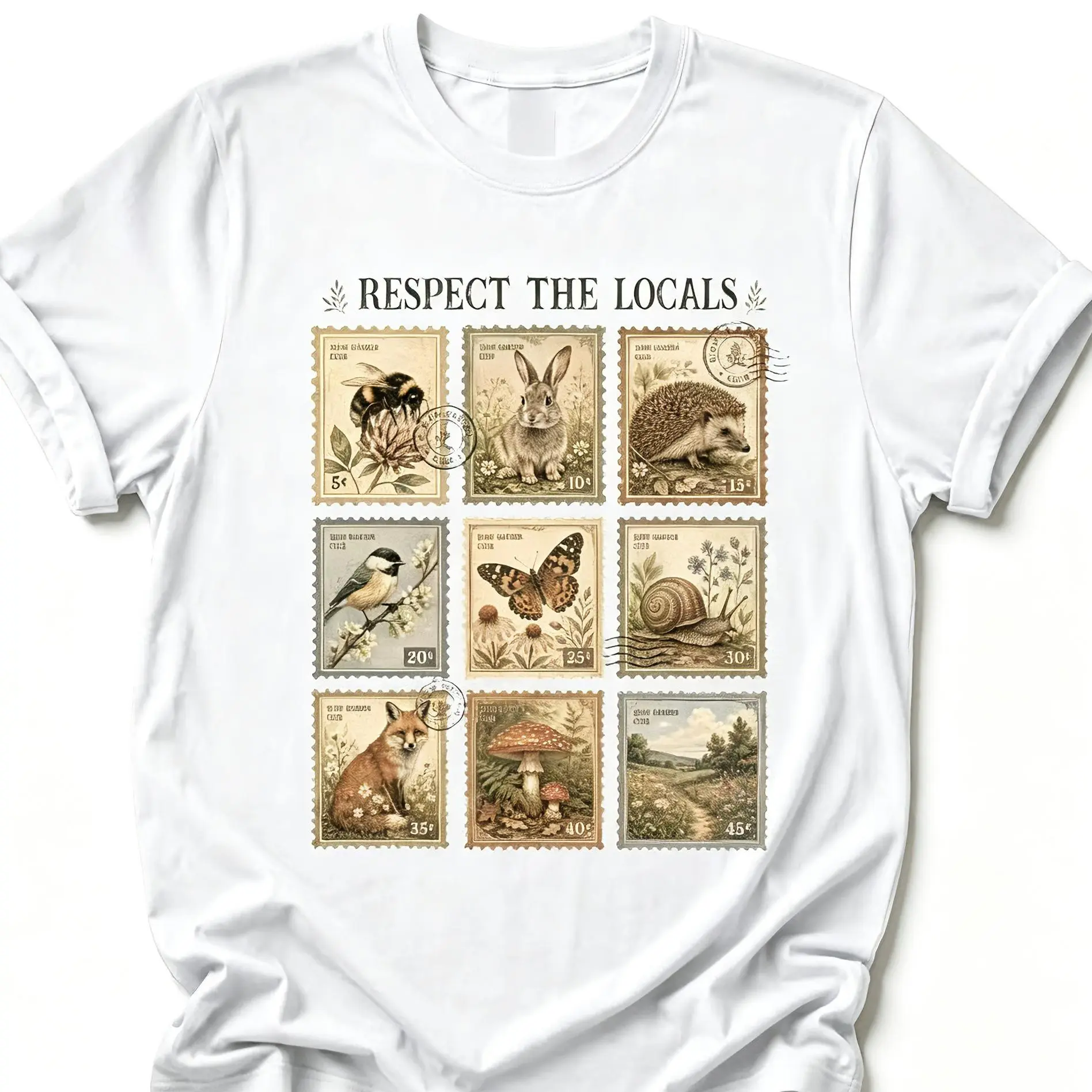 Women's Short-Sleeve Cotton Round Neck Vintage Wildlife Stamp Graphic T-Shirt, Retro Forest Nature Animal Print Casual Top