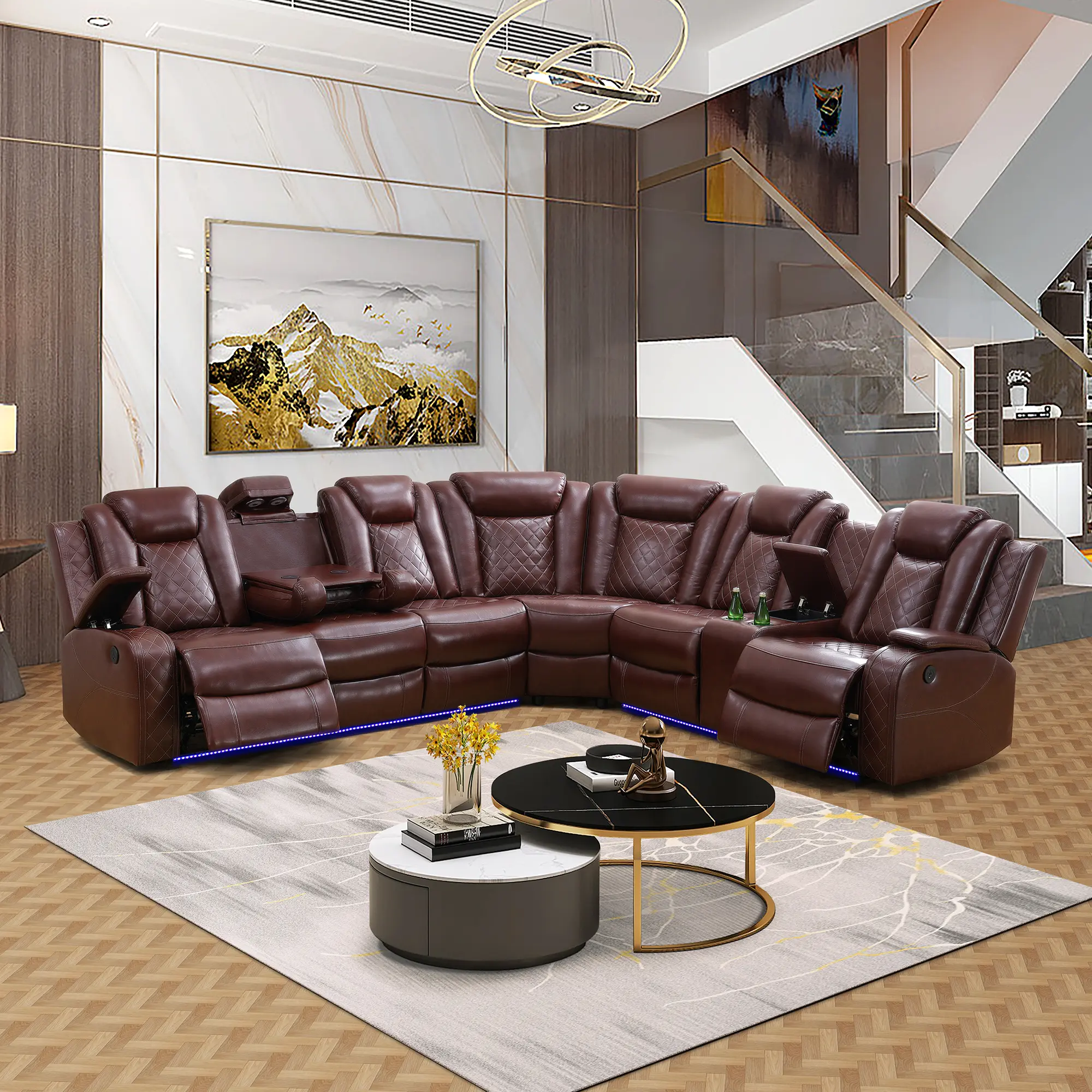Premium Dark Red Leather 3-Piece Reclining L-Shaped Sectional Sofa Set - Ergonomic, Exquisite, High-Resistance, Low-Maintenance, Wear-Resistant Luxury Indoor Furniture for Warm Upscale Home Living Rooms, Leather Reclining Sectional, Sofas Living Room, Lux