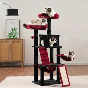 Heybly Gothic Cat Tree, Halloween Cat Tower for Indoor Cats,Multi-Level Cat Furniture Condo for Cats with Padded Plush Perch, Cozy Basket and Scratching Board,Black and Red HCT014BR