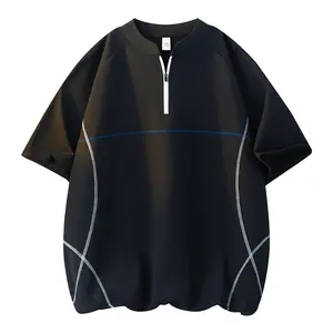 Men’s crew neck half-zip short-sleeve T-shirt with visible stitching; breathable summer loose casual top from a trendy brand; versatile unisex short-sleeve design for matching outfits; stylish sporty look.