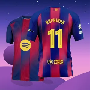 25 26 Home Red And Blue 11# Raphinha Short Sleeve Soccer Jersey Fans Version