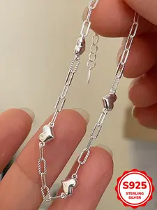 S925 Sterling Silver Heart Design Chain Bracelet, Heart Shaped Bracelet, Elegant Jewelry Bracelet, Fashionable Jewelry for Women & Girls, Trendy All-match & Exquisite Jewelry for Birthday Gift