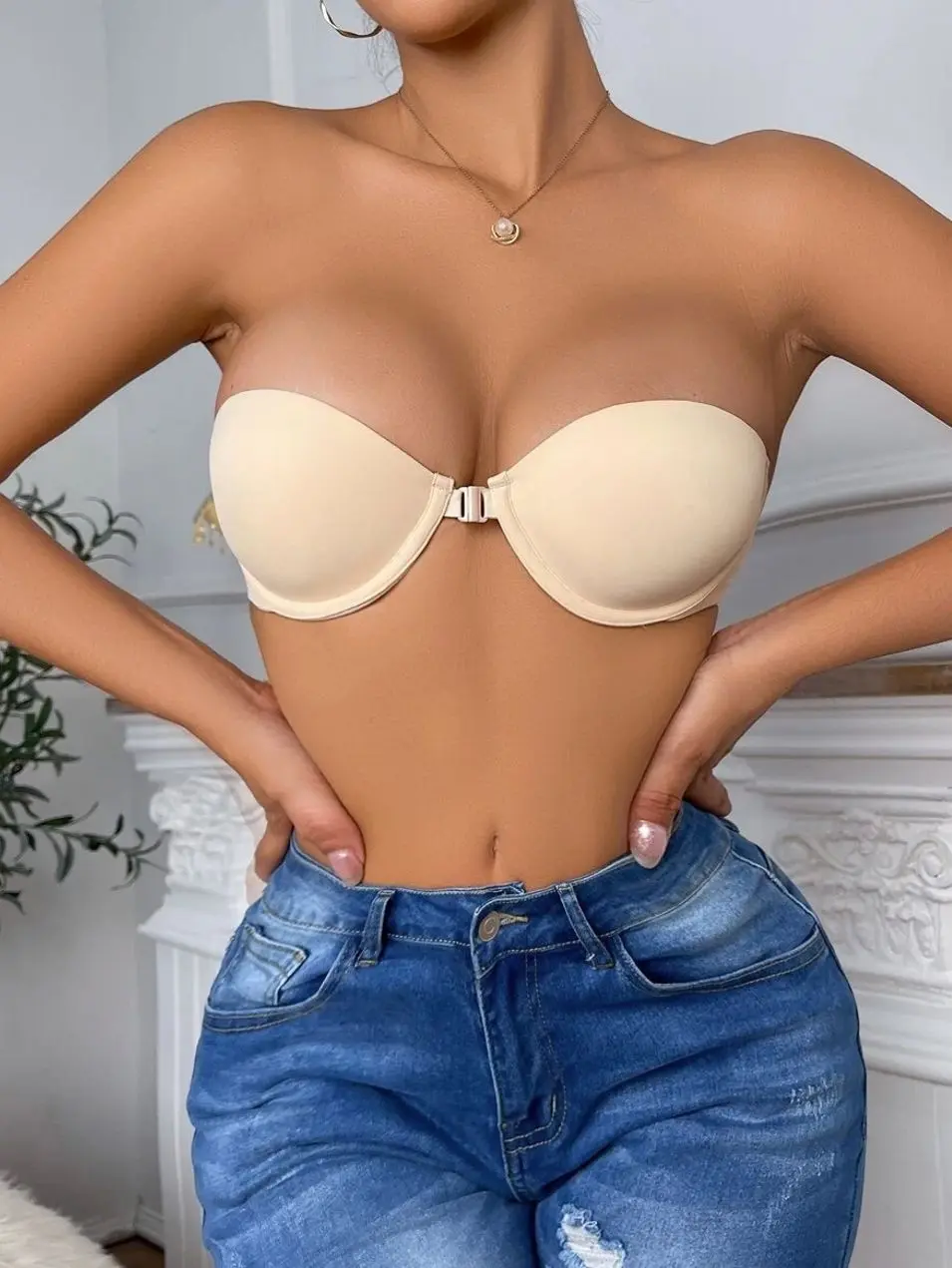 DesireSculpt Women's Strapless Chocolate Brown Push Up Bra Front Closure Stick On Lingerie Comfy Everyday Wear