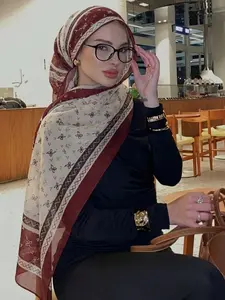 1PC Geometric Print Hijab, Turban Hijab for Women, Chiffon Headscarf for Daily Wear, Beach Sun Protection Scarf, Ramadan Gift for Muslim Ladies