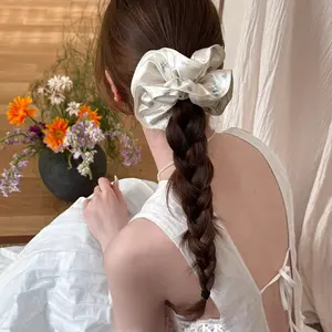 Mother's Day Gifts, Vintage Floral Satin Scrunchies for Women, Elegant Cream White Dainty Flower Print Jumbo Hair Ties, Soft Oversized Ponytail Holder, Aesthetic French Style Silk-Like Hair Accessories for Thick Hair