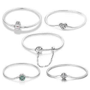 Lucky & Romantic Snake Chain Bracelet Collection, 925 Sterling Silver, Snake Chain Base, Clover/Heart/Perfume/Globe Charms, For Bracelet Wearers, Lucky & Romantic Jewelry Lovers, Silver