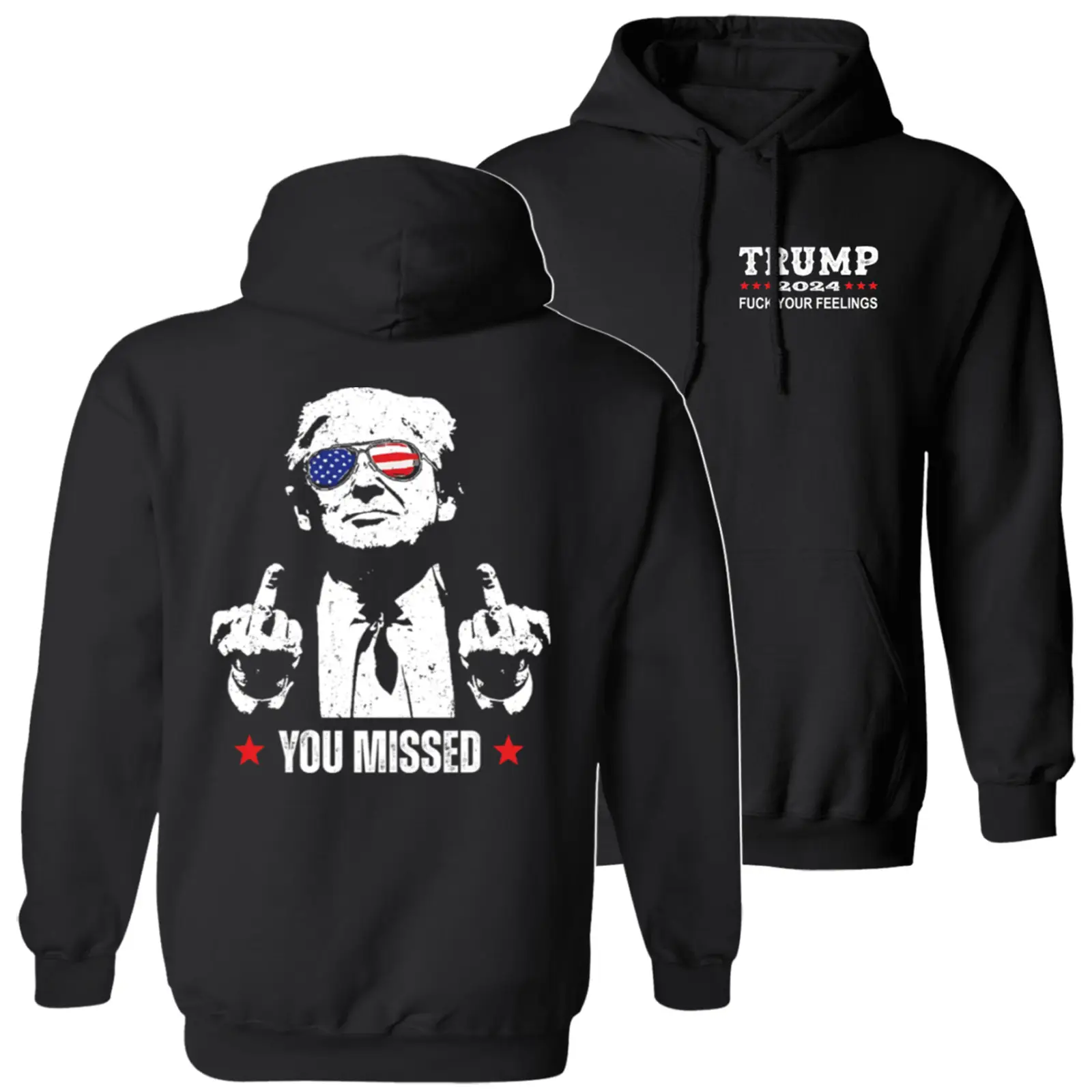 Trump 2024 You Missed Hoodie T-Shirt, Trump Assassination Attempt Shirt, 2 Sided Graphic Printed Unisex Classic Comfort Cotton T-Shirt