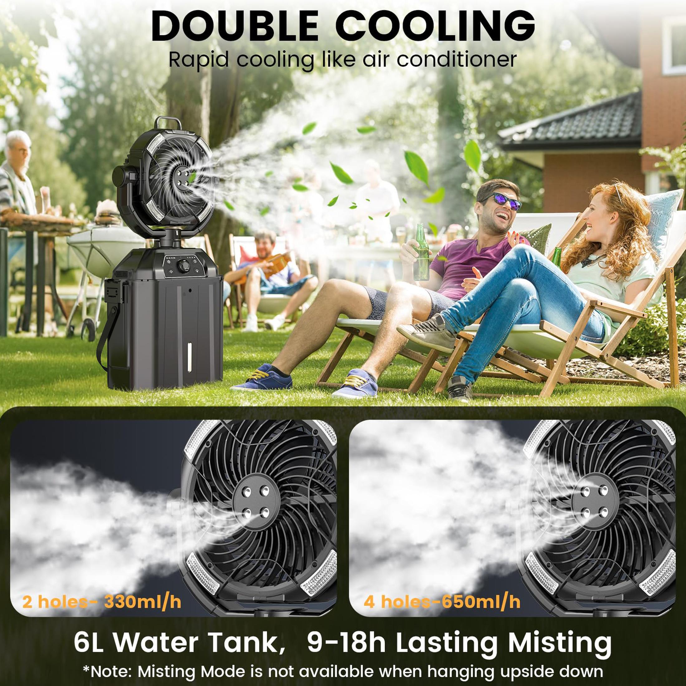 YoungSa Portable Camping Misting Fan with 6L Bucket 32000mAh Rechargeable Multifunction Fan,Infinitely variable speed,4 Spray Mister with LED Lantern,Remote & Hook for Patios,Fishing,Travel,Garden Party,Golf,Outside