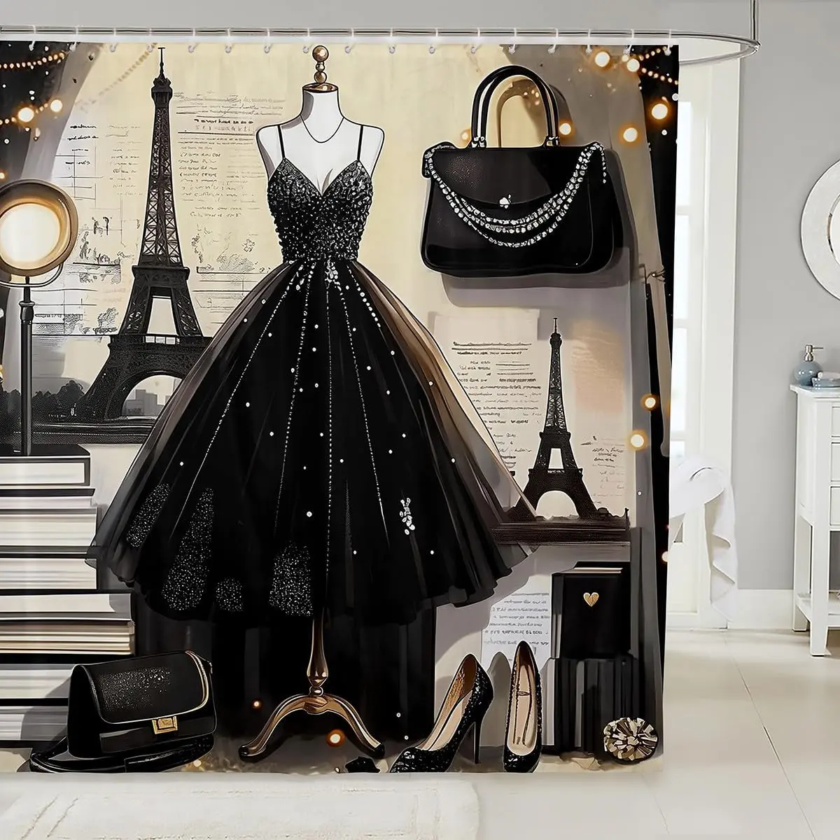 Feelyou Women's Romantic Makeup & Perfume Print Fashion Dress Shower Curtain Set - Polyester Fabric, Waterproof, Washable, Digital Print, Eiffel Tower Paris Style Bathroom Decor, Multi-Size, Bathroom Use