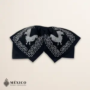 Black Mexican Charro Moño with Silver Rooster Embroidery | Mariachi Bow Tie for Fiestas, Rodeos or Cultural Events | México Todo Corazón