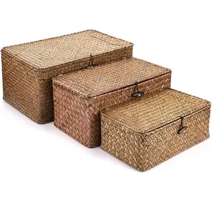 Set of 3 Natural Seagrass Storage Baskets with Lid Large Handwoven Wicker Storage Bins Rectangular Household Organizer Boxes Shelf Wardrobe Organizer Coffee
