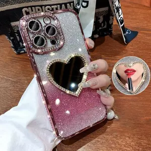 Rhinestone Decor Heart Mirror Phone Case, Shockproof Phone Protective Cover, Phone Accessory Compatible with iPhone 16 Pro Max 15Plus 14Plus 13 12 11 Pro Max, Casing, Smartphone