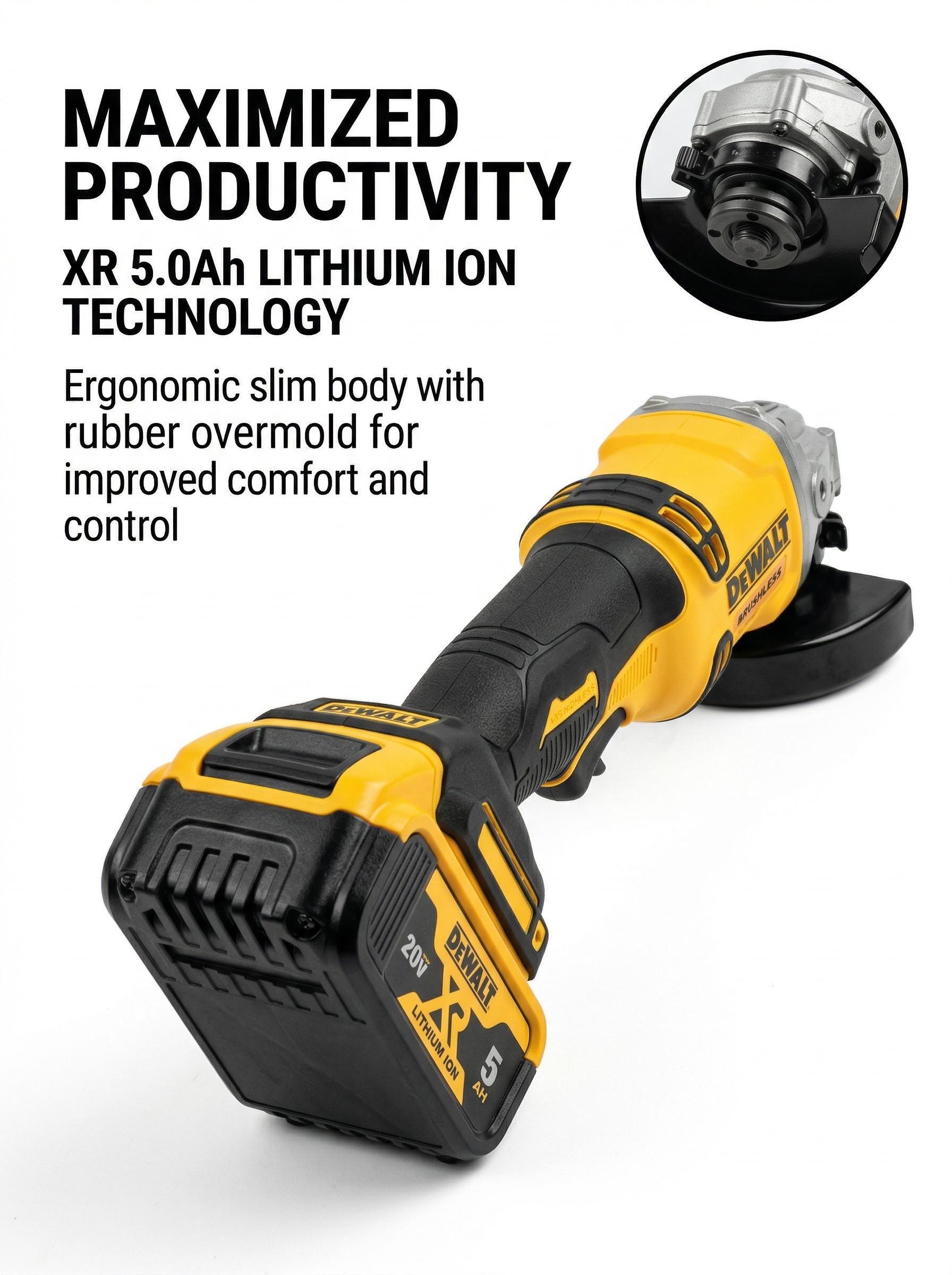DEWALT DCG405-125 Brushless Angle Grinder Kit – 20V Battery & Charger – 9 Angle Orientations – 9000 RPM