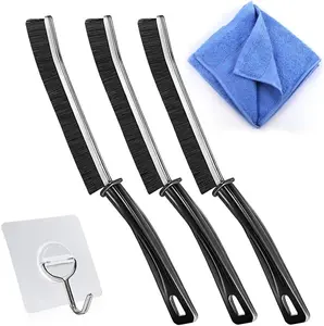 Hard-Bristle Crevice Cleaning Brush Set of 3 with Extra Towel and Hook for Small Spaces, Corners, Bathroom, Kitchen, and Faucets - Black