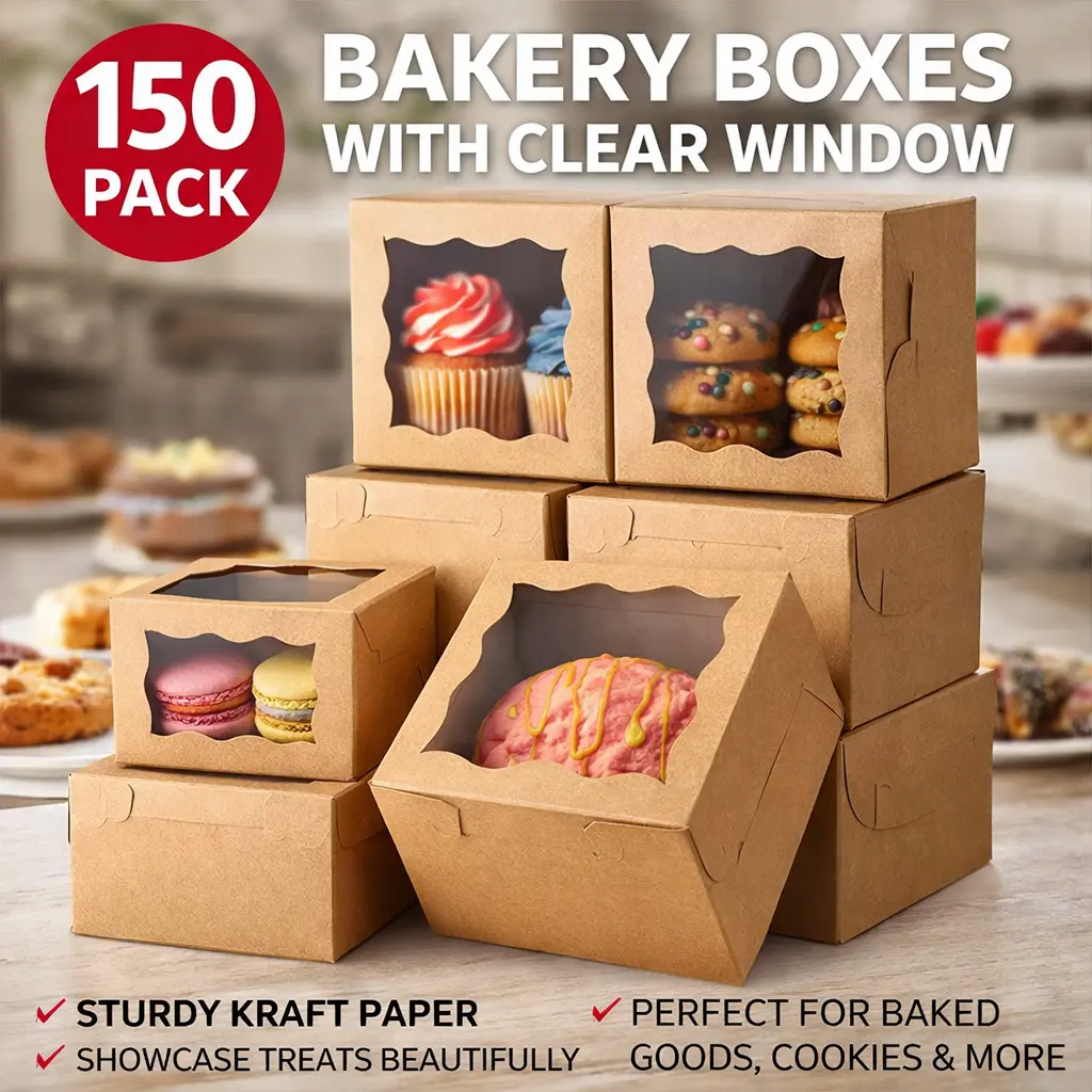 150pcs Pre-Folded Cardboard Square Cake Boxes with PVC Plastic Window (4x4x2.5in) - Bakery Gift Boxes for Pastry, Cupcake - Mid Year Sale Deals