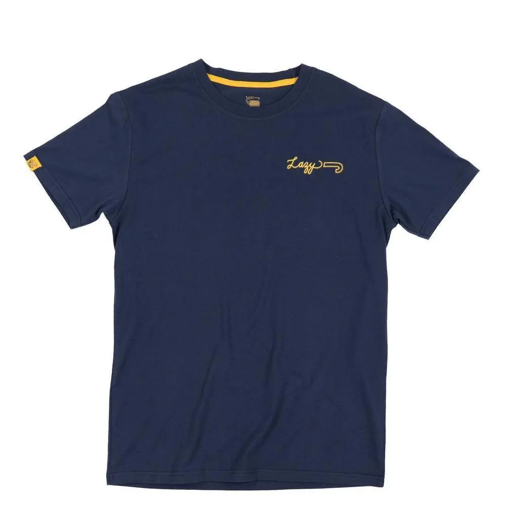 Men's Pigment Dyed Navy Soft Cotton-Polyester Lazy J Ranch Neon Jughead T-Shirt - Short-Sleeve, Crew Neck, Contrast Tape, Western Vibe, Logo Print, Heat Transfer Care Label, Casual Streetwear Menswear Top (Runs Small)