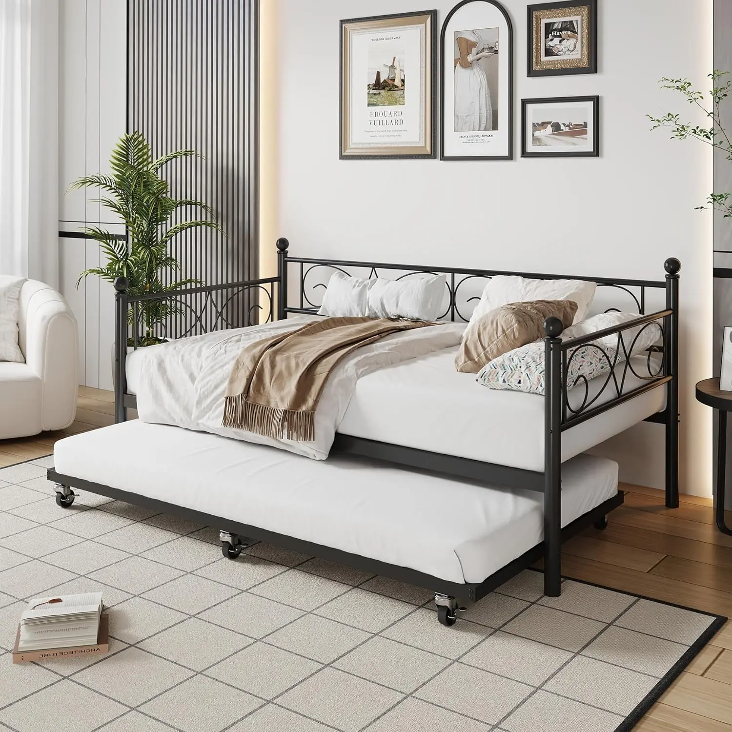 【Christmas Gift】287 Black Daybed with Trundle Bed Twin Size Metal Day Bed with Floral Headboard Modern Metal Sofe Bed Frame with Pull