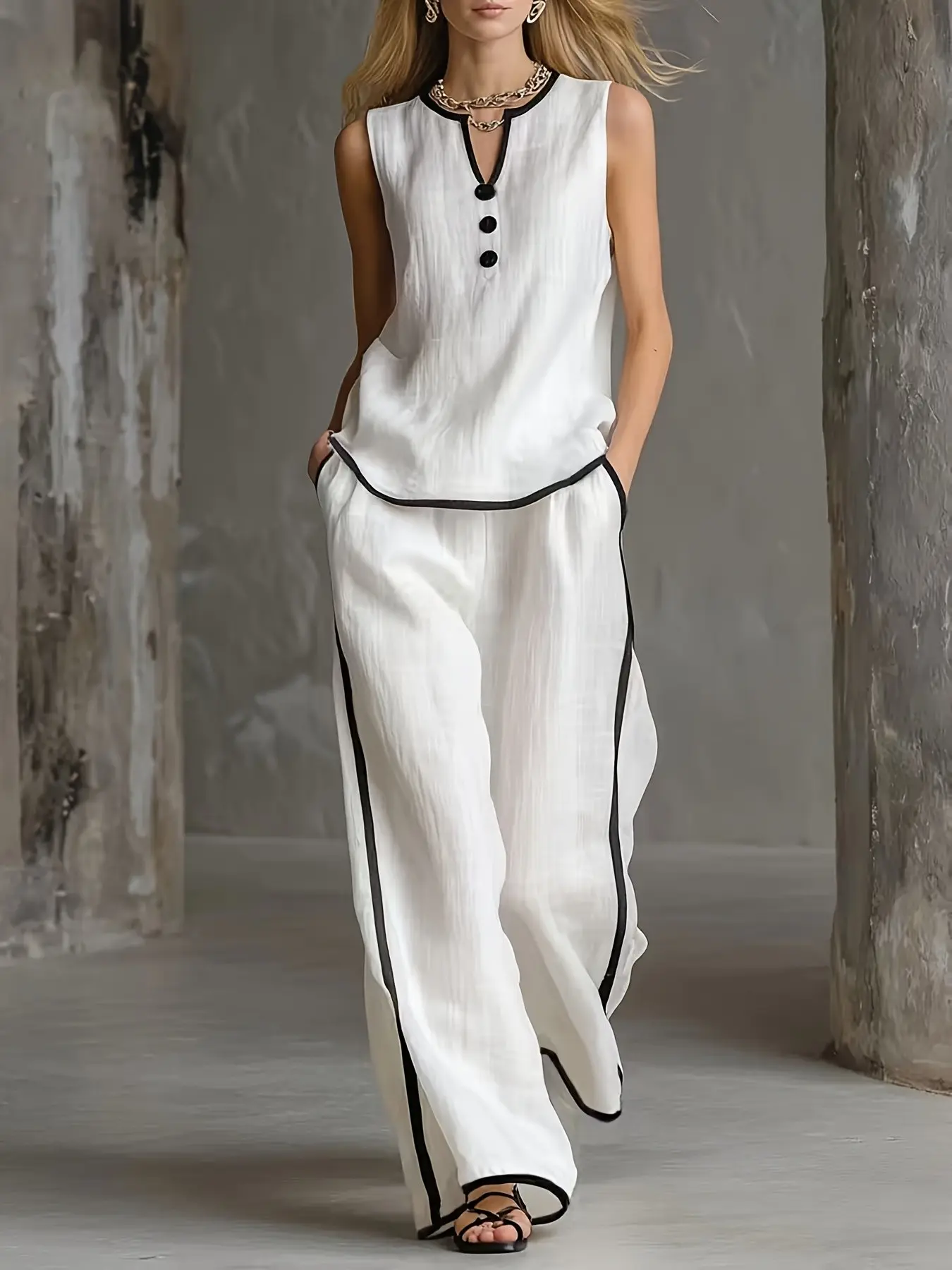 Women's Cotton Texture Two-Piece Set, Sleeveless Colorblock Blouse and Wide Leg Pants, Comfortable and Trim, Casual Style