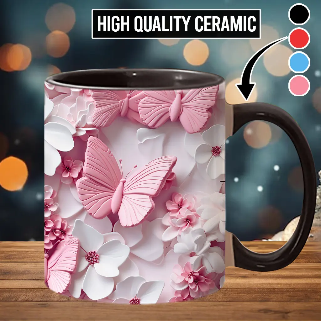 Washable Ceramic Pink Butterfly Coffee Mug, Stylish Classic Drink Cup with Beautiful Print, Ideal Gift - btf5634