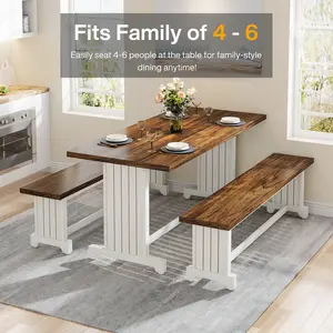 Tribesigns 47" Dining Table Set for 4-6, 3-Piece Kitchen Room Table with 2 Benches, Farmhouse Wood Dinner Table for Small Space, Home Kitchen, White & Brown