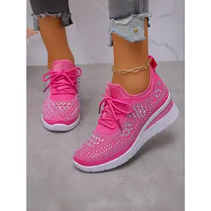 Plus-size rhinestone lace-up women's casual low-top sporty fashion shoes, suitable for daily commuting, comfortable wedge heel.