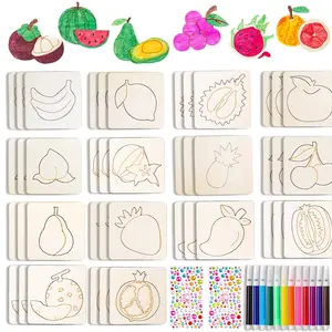 Fruit Wood Painting Kit for Kids, Includes Color Pens & Diamond Stickers, Apple Grape Pear Watermelon Themes, DIY Craft Set for Christmas Halloween Thanksgiving Gifts