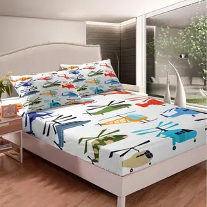 Feelyou Microfibre Fabric Aircraft Bedding Sets - Cartoon Helicopter Pattern Fitted Sheet, Colorful Airplane Decor Bed Covers for Twin, Full Sizes