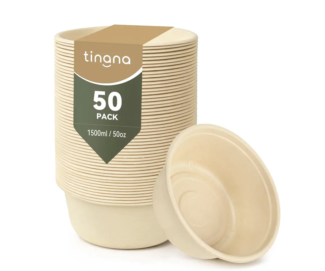 50 oz Compostable Paper Bowls, 50-Pack Heavy-Duty Disposable Sugarcane Bowls, Microwave and Freezer Safe