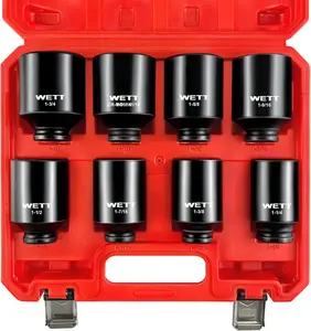 WETT 1/2" Drive Deep Large Set, 8-Piece Spindle Axle Nut Large Set, Standard SAE 6 Point Wheel Wrench, CR-V, (1-1/4-Inch-1-3/4-Inch)