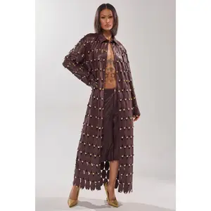 THE SNEAK PEEK STUDDED PU LONG CARDIGAN IN BURGUNDY