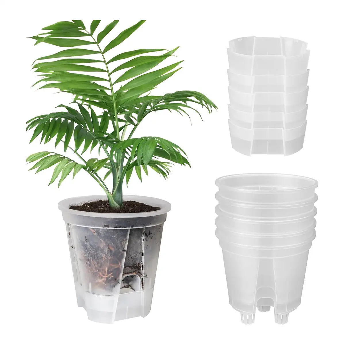 5-Pack 6-Inch (15x15.3cm) Transparent Self-Watering Plastic Gardening Pots, Modern Matte Finish, Deep Reservoir, Excellent Drainage Holes, Indoor Planters for Home-Office House Plant Seedlings & Root Observation, Portable Travel-Ready Water Garden Pots