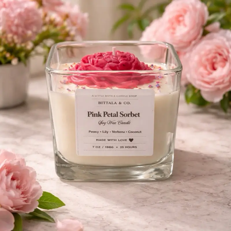 Bittala & Co. Pink Petal Sorbet Soy Wax Candle 7 oz Peony Lily Verbena Coconut Scented Home Fragrance