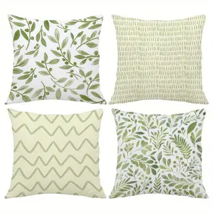 4pcs-Spring Throw Pillow Covers, Minimalist Geometric Leaf Pattern, Modern Style, Light Green & White Design, Bedroom Decorative Accessories, Suitable Spring Home Decoration, 2D Flat, Single Sided Printing, No Pillow Core