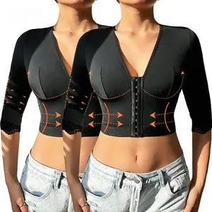 Women's Minimalist Basic Plus Size Casual Arm Shaper Bra, Post-Surgery Arm Lipo Compression Sleeves with Front Closure Shapewear Black Womenswear