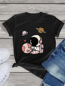 Women's Cartoon Astronaut Print Round Neck Tee, Fashion Casual Short Sleeve T-shirt, Ladies Summer Clothes for Daily Wear