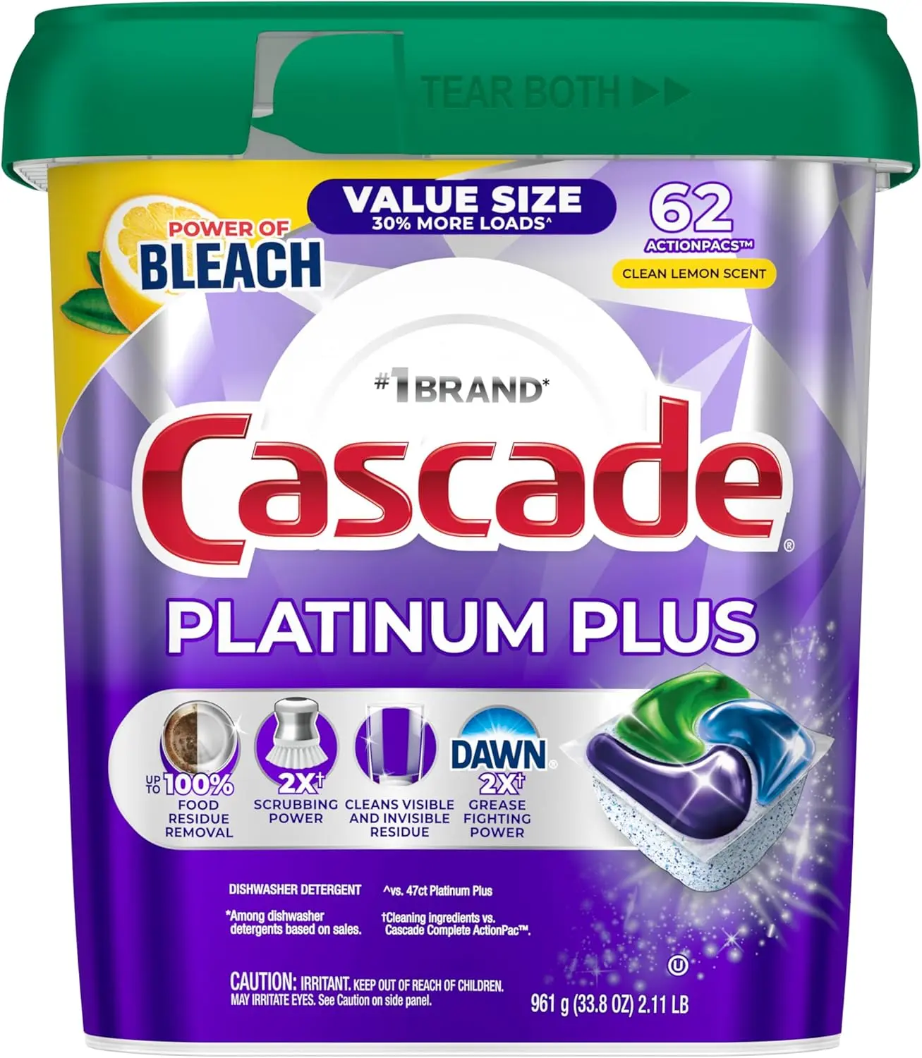 Cascade Platinum Plus Dishwasher Pods, 62 Count, Dish Detergent, Clean Lemon Scent
