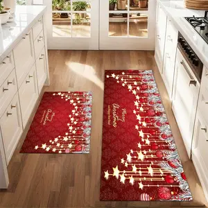 2Pcs Happy Christmas and New Year, colorful balls, stars, red background Floor mat set for farmhouse kitchen Rug restaurant floor laundry room decor carpet mat Home Decor Rugs