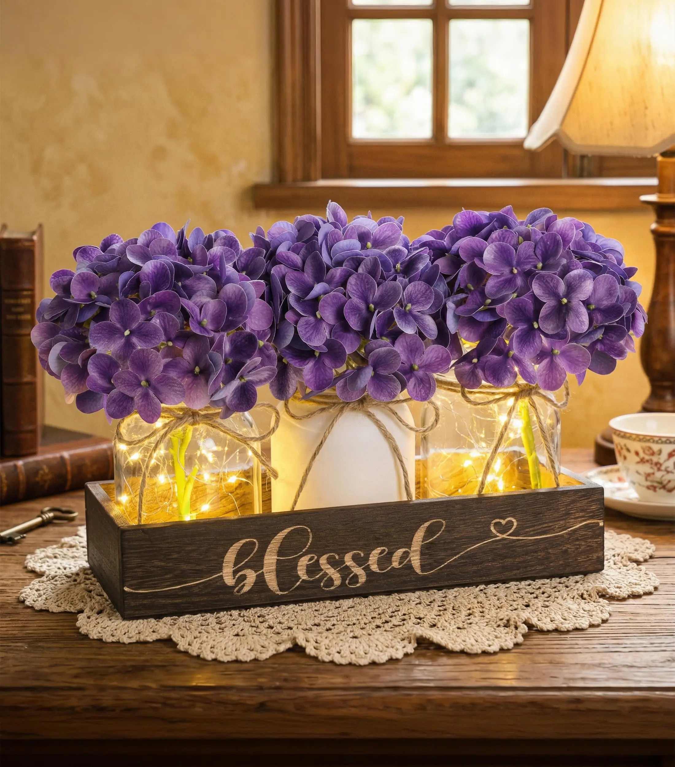 Ivydale Farmhouse Mason Jar Table Centerpiece with Blue Hydrangea Flowers, Lighted Artificial Floral Arrangement with Wood Tray, Rustic Table Decor for Kitchen Coffee Table Living Room Home