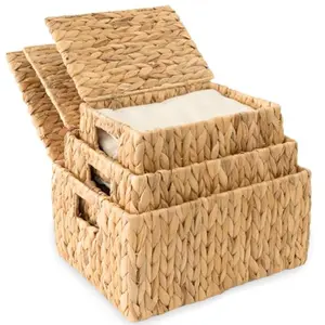Wicker Storage Baskets with Lid Set 3 Basket With Lid Decorative Storage Rectangle Wicker Storage Basket Large Rattan Storage Box Hyacinth Baskets