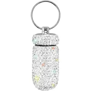 Portable Pill Case Pill Container Waterproof Pill Holder with Keychain Bling Pill Box Medicine Dispenser Bottle Storage for Outdoor Camping Travel (White)