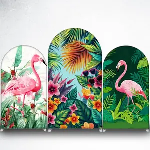 Pink Flamingo with Tropical Leaves Arch Backdrop Cover for Summer Pool Party