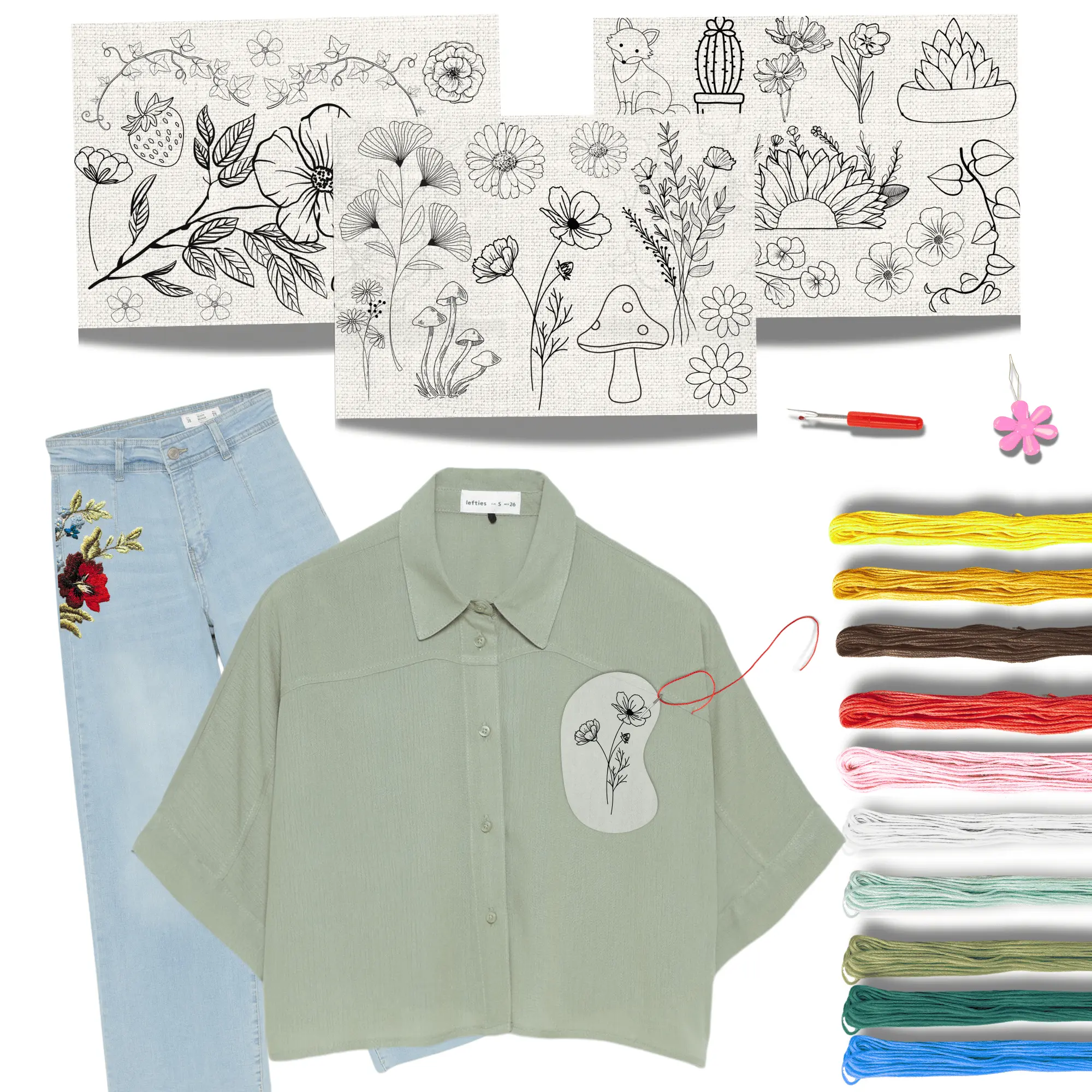 Clothing Embroidery Kit - Customize & Embroider Your Clothes! All Inclusive Starter Pack for Beginners - 34 Designs to Embroider Your Clothing