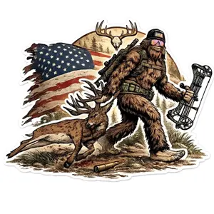 Bigfoot Deer Hunting Sticker, Funny American Flag Hunter Vinyl Decal for Trucks, Coolers & Laptops, Waterproof Outdoor Hunting Gear Gift