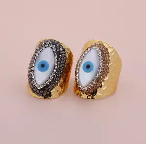 Karma Eye Gold Plated Alloy Ring with Mother of Pearl Evil Eye & Crystal Accents Statement Cocktail Jewelry