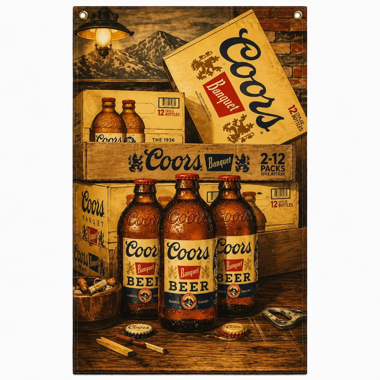 Coors Vintage Stubby Bottle Flag 3x5 Ft, Retro Golden Colorado Beer Poster Banner with Classic 1936 Packaging, Rustic Wall Decor for Garage, Man Cave, Home Bar or Cabin